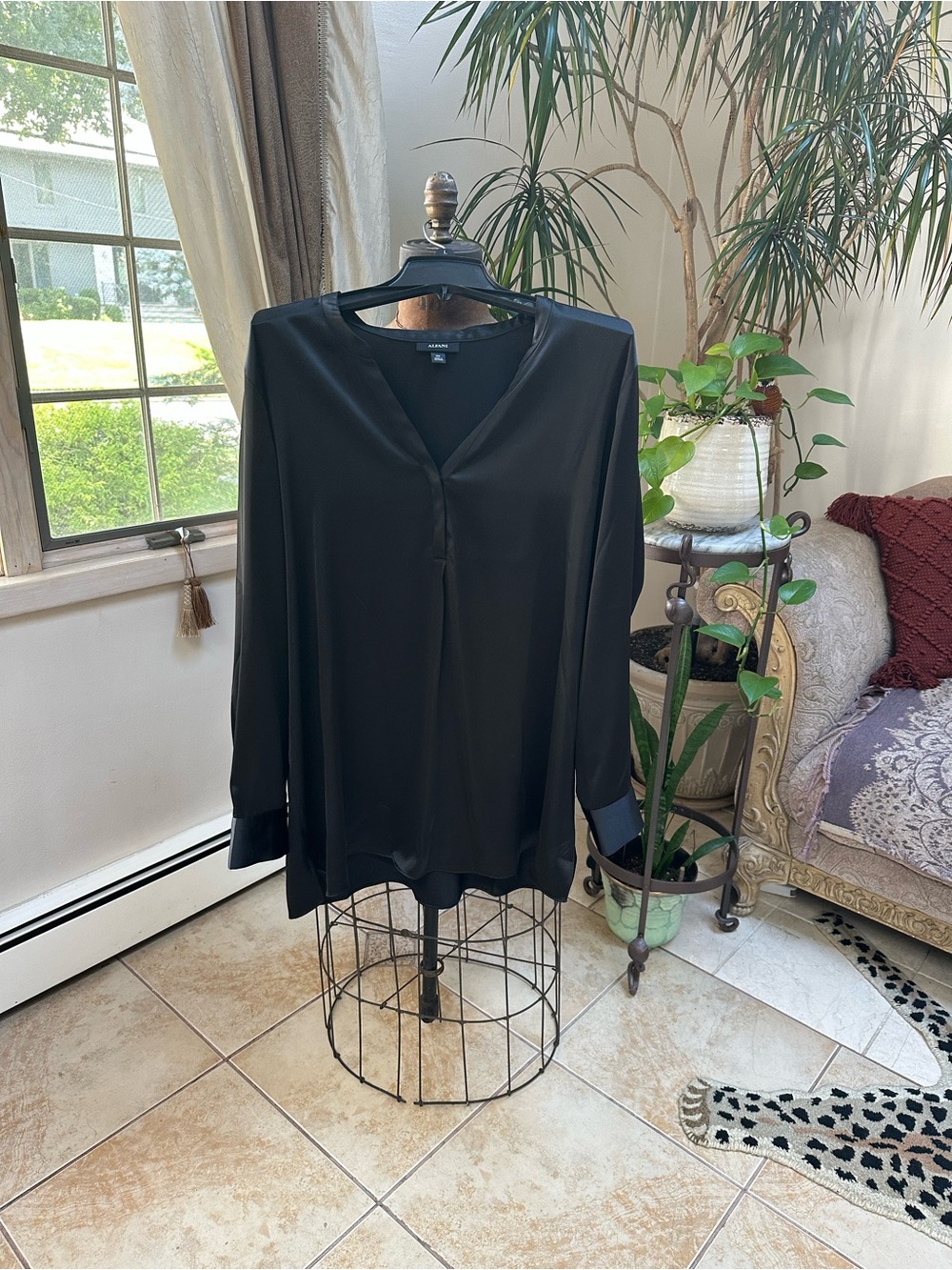 Alfani Black Satin V-Neck Long-Sleeve Blouse
